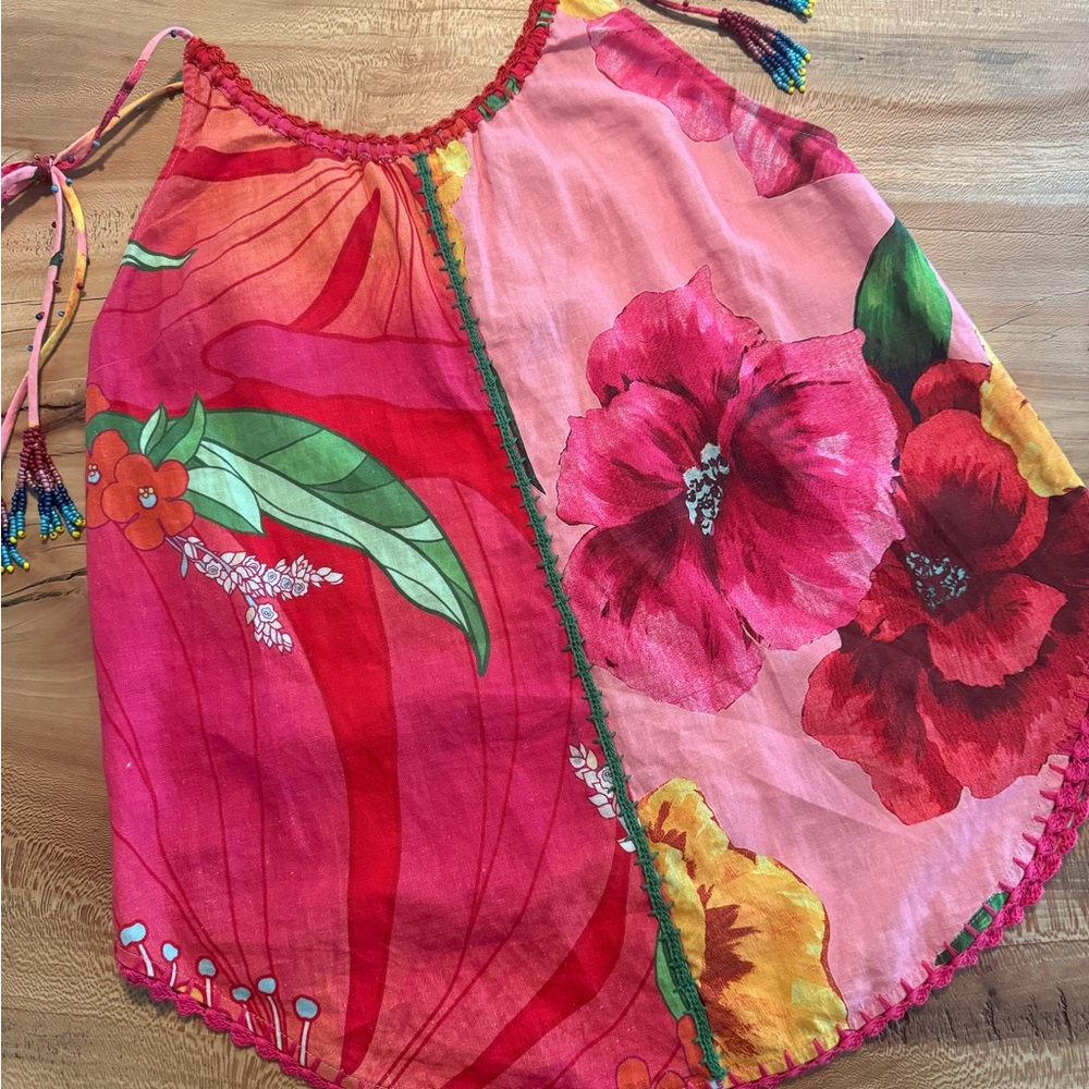 Farm Rio RARE floral tie strap cami with beads / beaded tassels, Linen blend 🌺